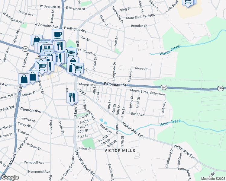 map of restaurants, bars, coffee shops, grocery stores, and more near 20 9th Street in Greer