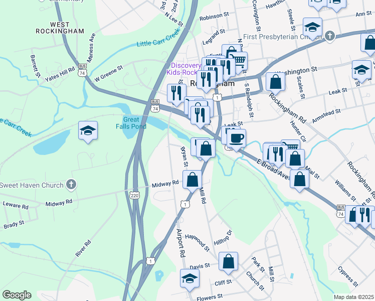 map of restaurants, bars, coffee shops, grocery stores, and more near 403 Bryan Street in Rockingham