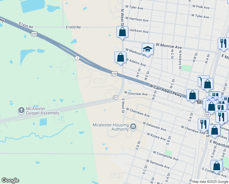 map of restaurants, bars, coffee shops, grocery stores, and more near 800 West Choctaw Avenue in McAlester