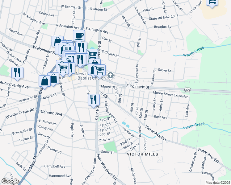 map of restaurants, bars, coffee shops, grocery stores, and more near 403 4th Street in Greer