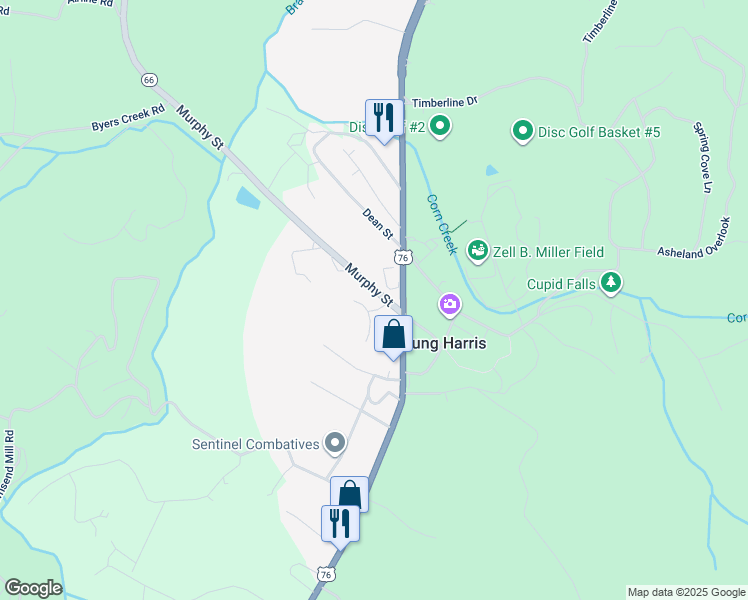 map of restaurants, bars, coffee shops, grocery stores, and more near 86 Murphy Street in Young Harris