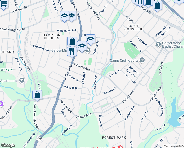 map of restaurants, bars, coffee shops, grocery stores, and more near 201 Caulder Avenue in Spartanburg