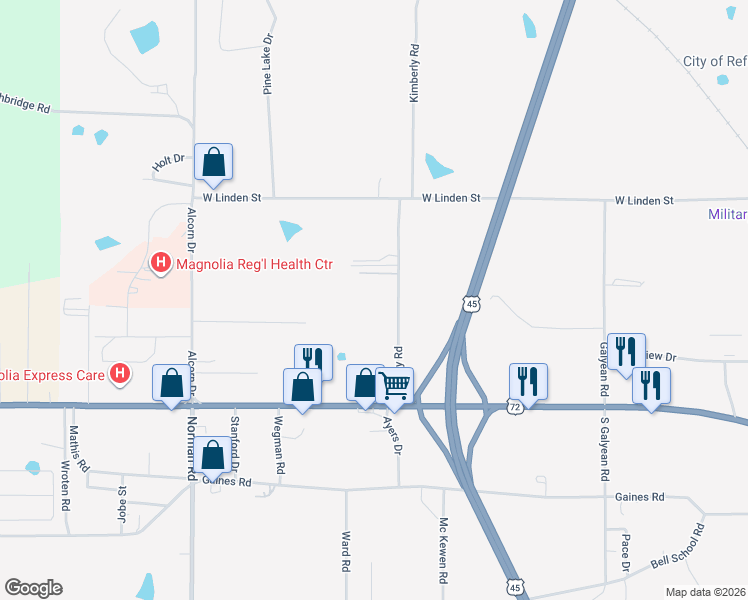 map of restaurants, bars, coffee shops, grocery stores, and more near 401 Bradley Road in Corinth