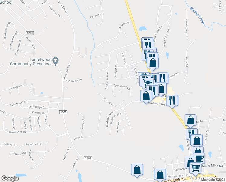 map of restaurants, bars, coffee shops, grocery stores, and more near 4199 Citation Oaks Drive in Waxhaw