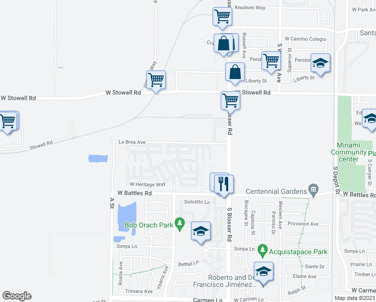 map of restaurants, bars, coffee shops, grocery stores, and more near 1339 West Darien Way in Santa Maria