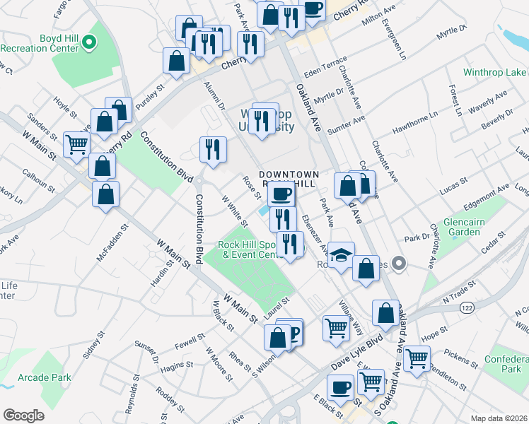 map of restaurants, bars, coffee shops, grocery stores, and more near 412 Technology Center Way in Rock Hill