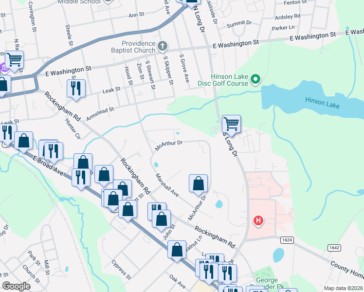 map of restaurants, bars, coffee shops, grocery stores, and more near 270 McArthur Drive in Rockingham