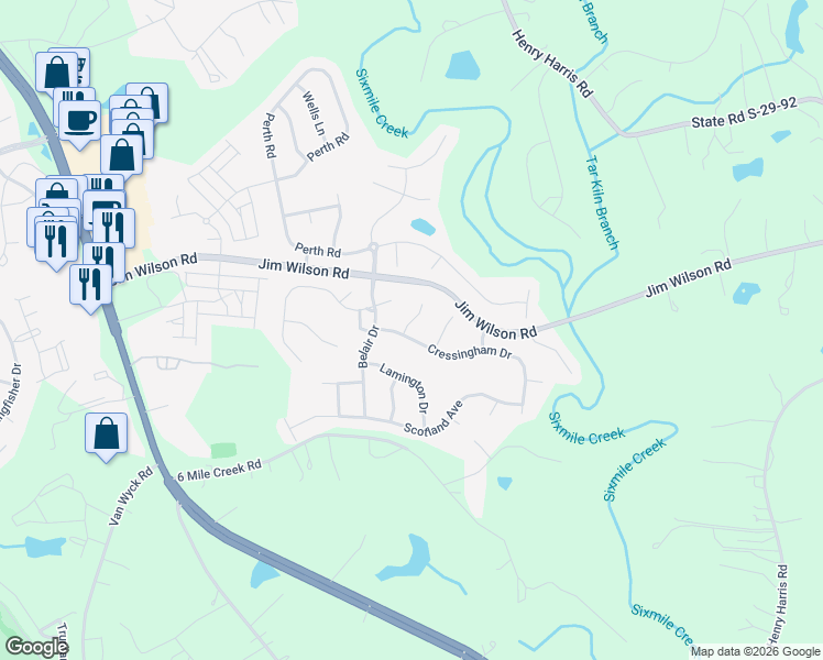 map of restaurants, bars, coffee shops, grocery stores, and more near 6415 Stirling Lane in Indian Land