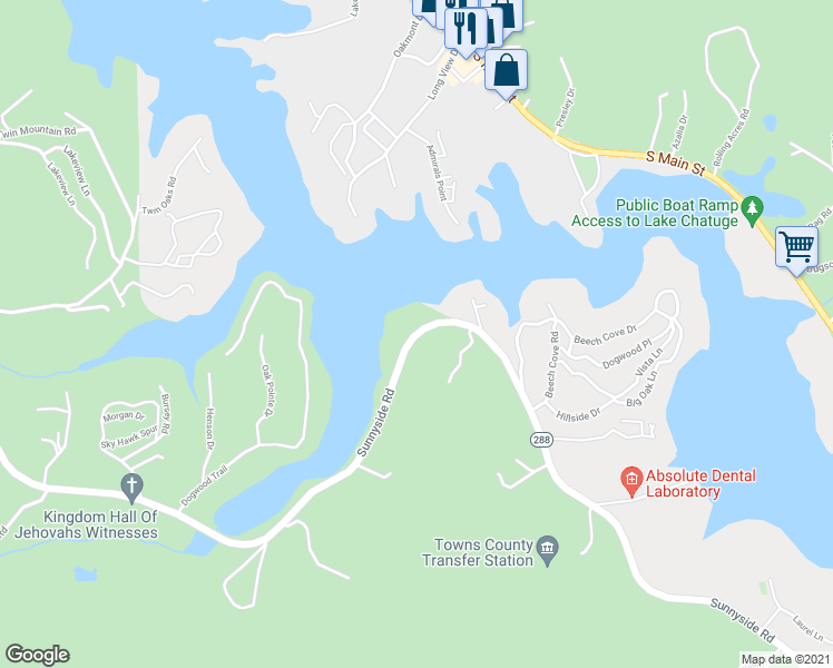 map of restaurants, bars, coffee shops, grocery stores, and more near Sunnyside Road in Hiawassee