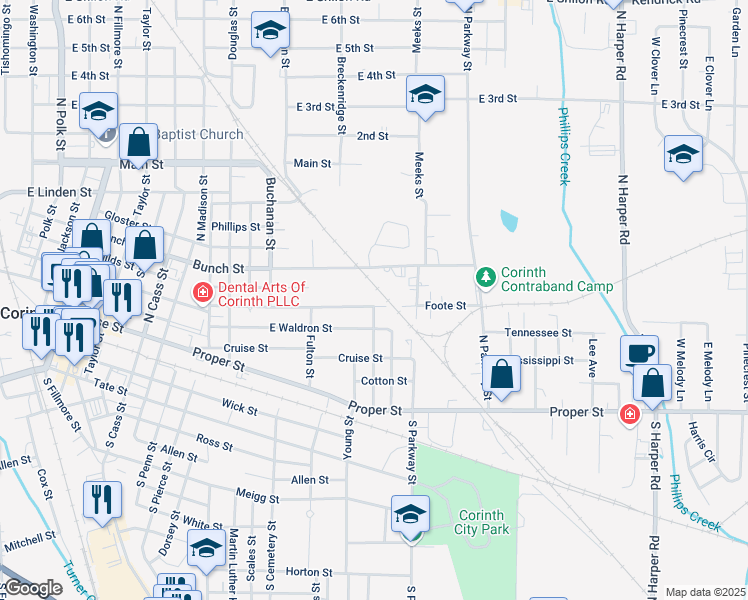 map of restaurants, bars, coffee shops, grocery stores, and more near 1501-1611 Foote Street in Corinth