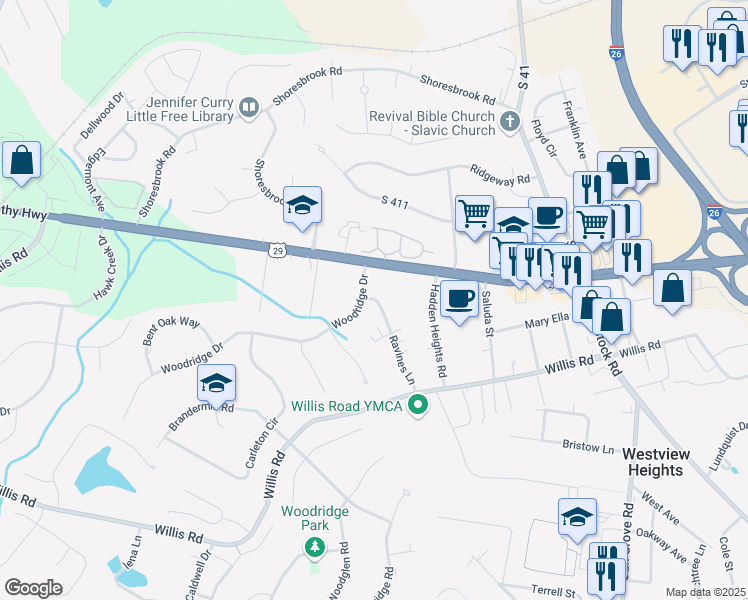 map of restaurants, bars, coffee shops, grocery stores, and more near 105 Ravines Lane in Spartanburg
