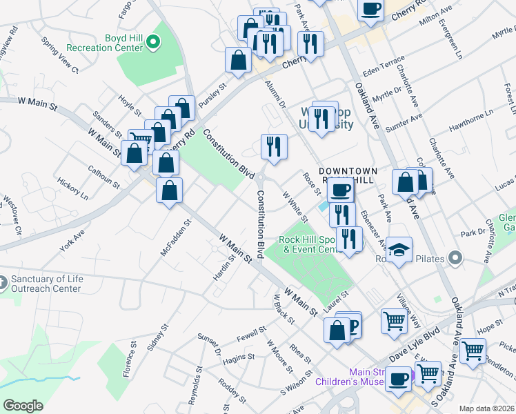 map of restaurants, bars, coffee shops, grocery stores, and more near 899 Constitution Boulevard in Rock Hill