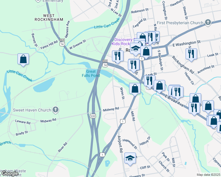 map of restaurants, bars, coffee shops, grocery stores, and more near 404 South Caroline Street in Rockingham