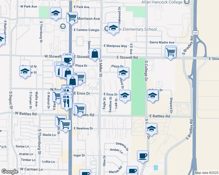 map of restaurants, bars, coffee shops, grocery stores, and more near 1423 Swallow Court in Santa Maria