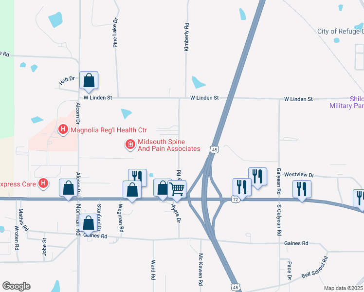map of restaurants, bars, coffee shops, grocery stores, and more near 506 Bradley Road in Corinth