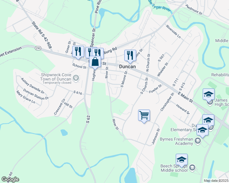 map of restaurants, bars, coffee shops, grocery stores, and more near 122 South Moore Street in Duncan