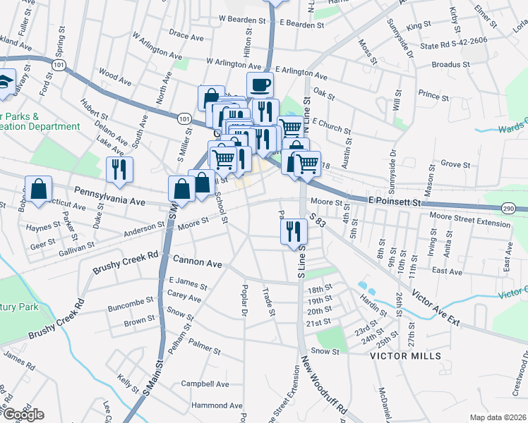 map of restaurants, bars, coffee shops, grocery stores, and more near 401 Trade Street in Greer