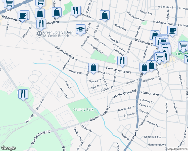 map of restaurants, bars, coffee shops, grocery stores, and more near 300 Connecticut Avenue in Greer