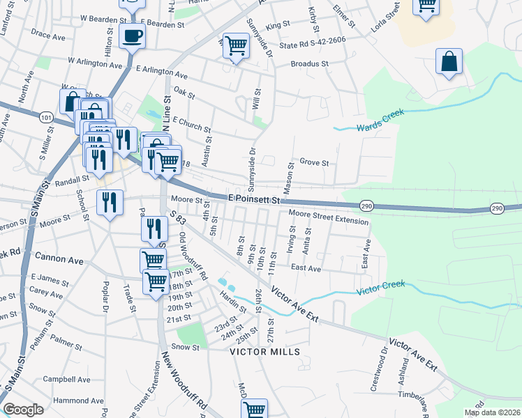 map of restaurants, bars, coffee shops, grocery stores, and more near 20 9th Street in Greer