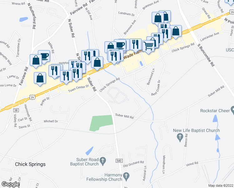 map of restaurants, bars, coffee shops, grocery stores, and more near g6 Mary Louise Drive in Greer