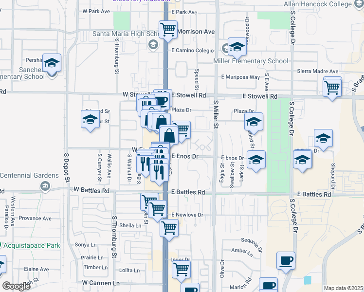 map of restaurants, bars, coffee shops, grocery stores, and more near 1482 South Broadway in Santa Maria