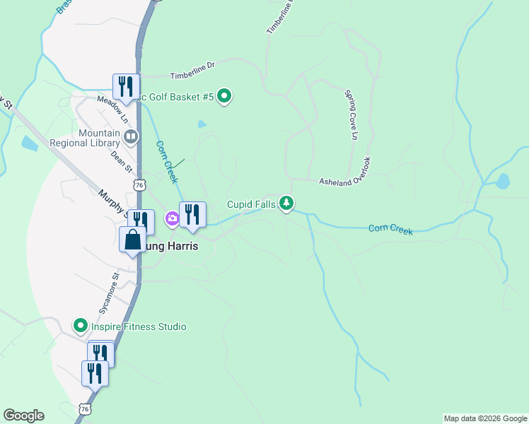 map of restaurants, bars, coffee shops, grocery stores, and more near 4630 Thomas Town Road in Young Harris