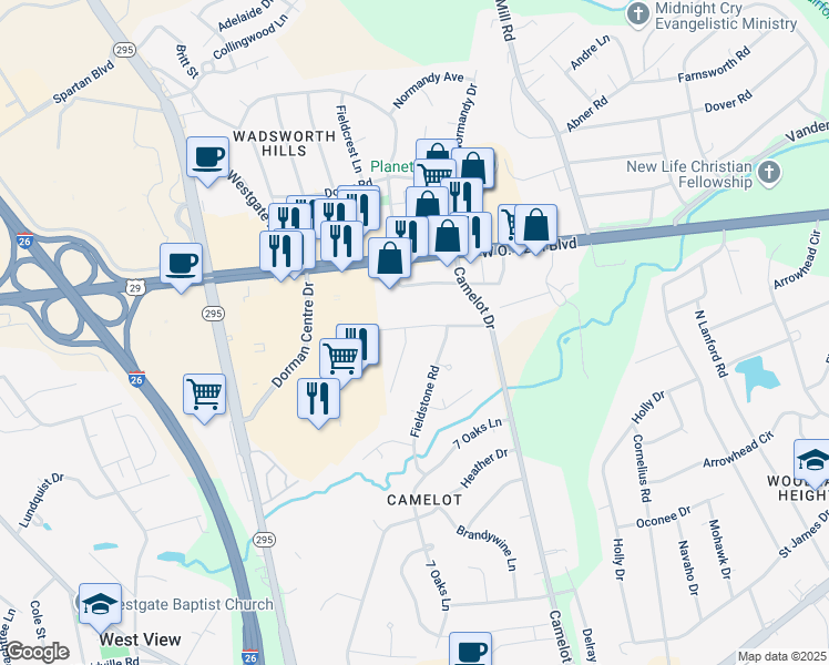 map of restaurants, bars, coffee shops, grocery stores, and more near 101 Runnymeade Lane in Spartanburg