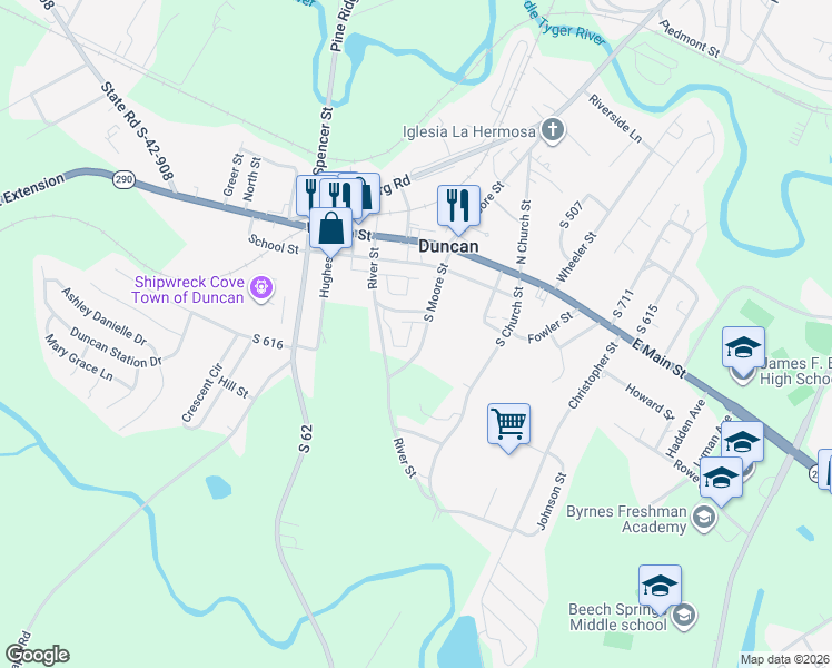 map of restaurants, bars, coffee shops, grocery stores, and more near 122 South Moore Street in Duncan