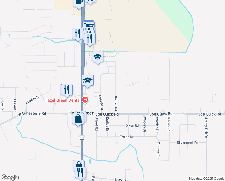 map of restaurants, bars, coffee shops, grocery stores, and more near 118 Bullard Road in Hazel Green