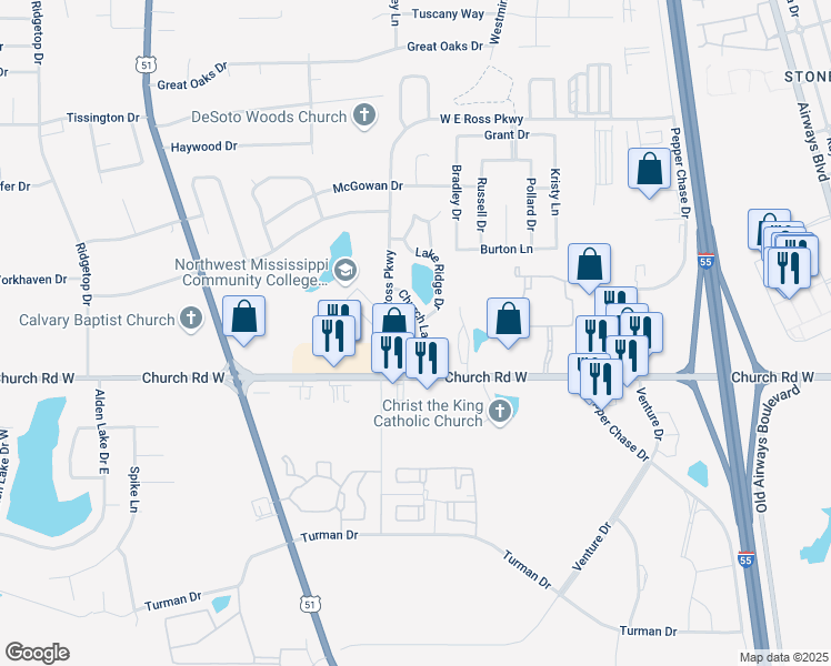 map of restaurants, bars, coffee shops, grocery stores, and more near 934 Church Lane in Southaven