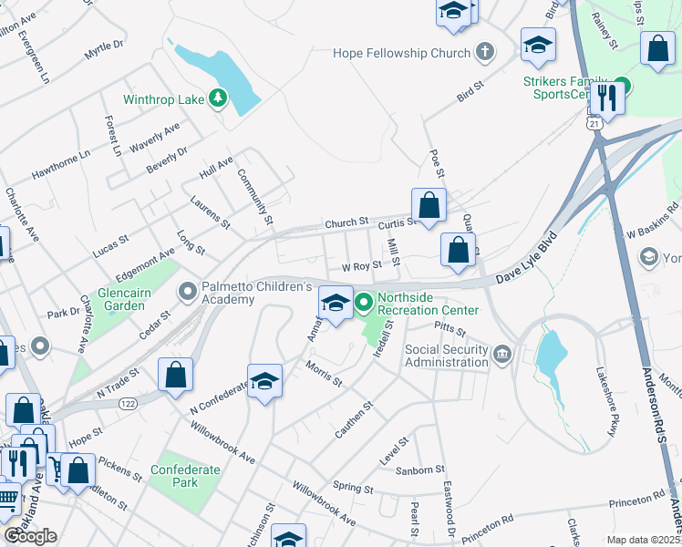map of restaurants, bars, coffee shops, grocery stores, and more near 1013 Aragon Street in Rock Hill