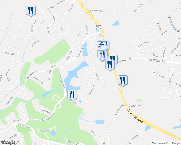 map of restaurants, bars, coffee shops, grocery stores, and more near 23234 Kingfisher Drive in Fort Mill