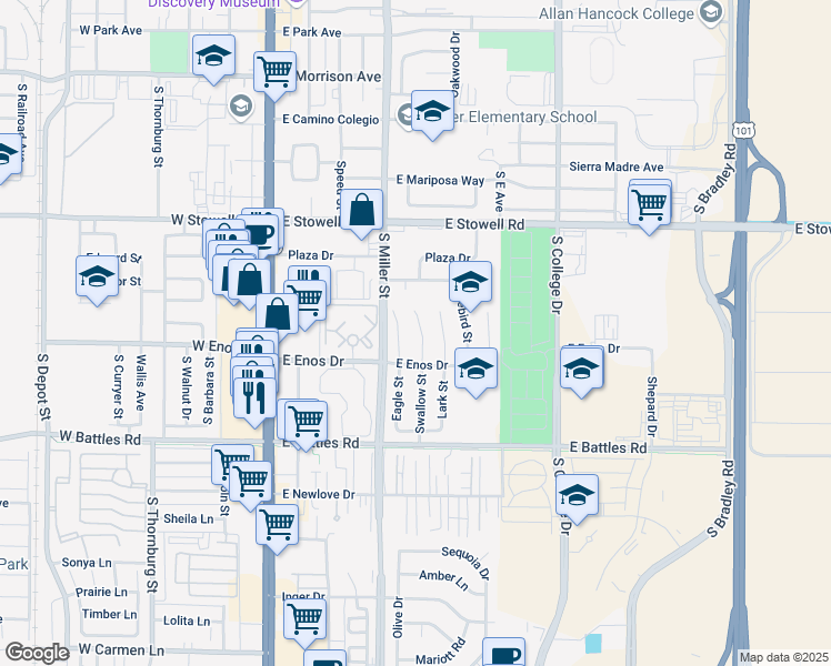 map of restaurants, bars, coffee shops, grocery stores, and more near 1423 Swallow Court in Santa Maria