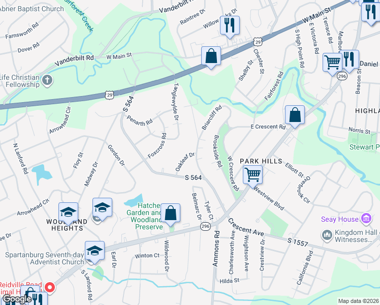 map of restaurants, bars, coffee shops, grocery stores, and more near 101 Oakleaf Drive in Spartanburg