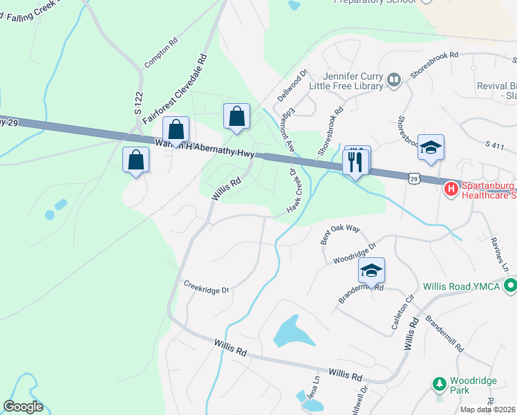 map of restaurants, bars, coffee shops, grocery stores, and more near 144 Hawk Creek Drive in Spartanburg
