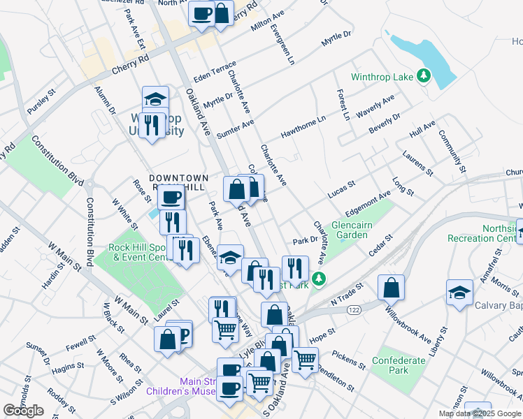 map of restaurants, bars, coffee shops, grocery stores, and more near 349 College Avenue in Rock Hill