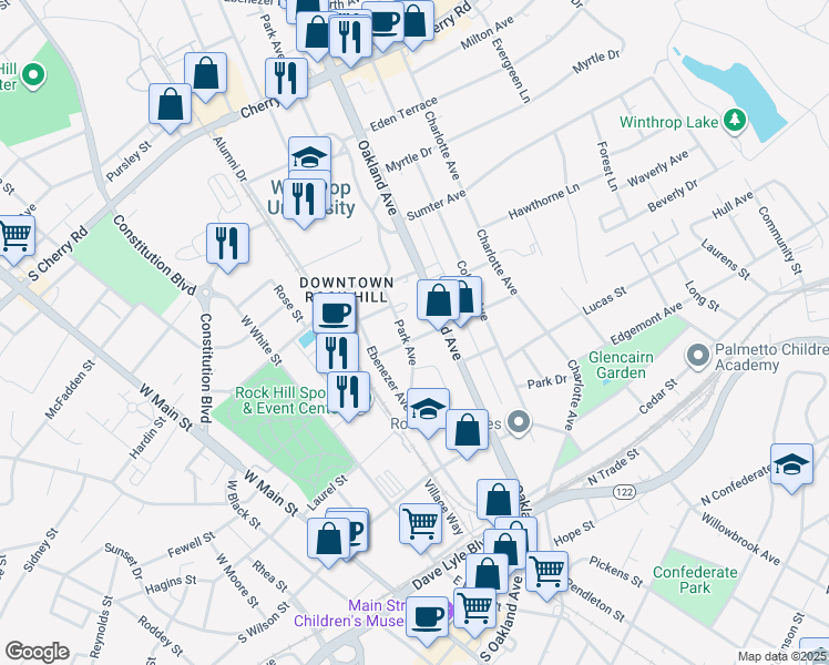 map of restaurants, bars, coffee shops, grocery stores, and more near 409 Park Avenue in Rock Hill