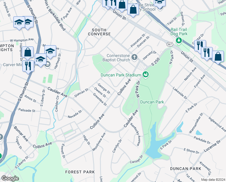 map of restaurants, bars, coffee shops, grocery stores, and more near 143 George Street in Spartanburg