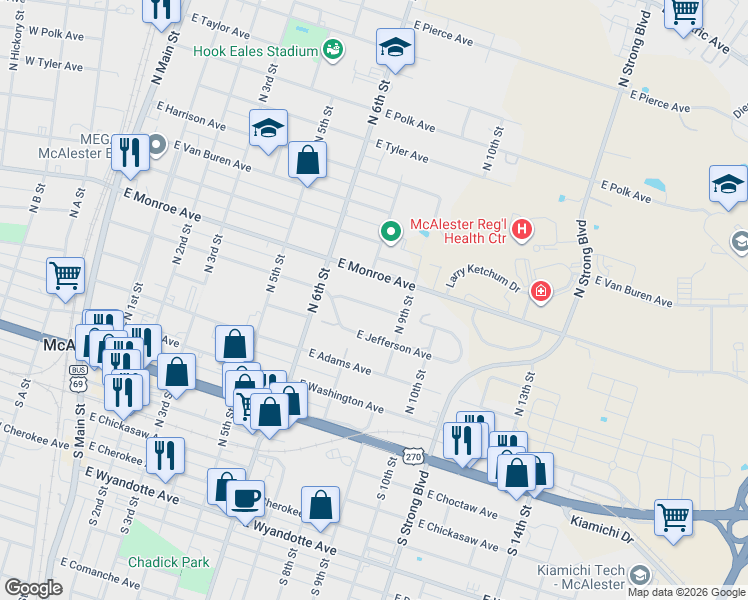 map of restaurants, bars, coffee shops, grocery stores, and more near 811 East Madison Avenue in McAlester