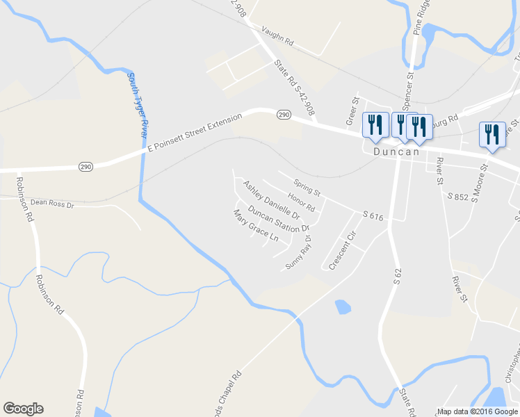 map of restaurants, bars, coffee shops, grocery stores, and more near 594 Duncan Station Drive in Duncan