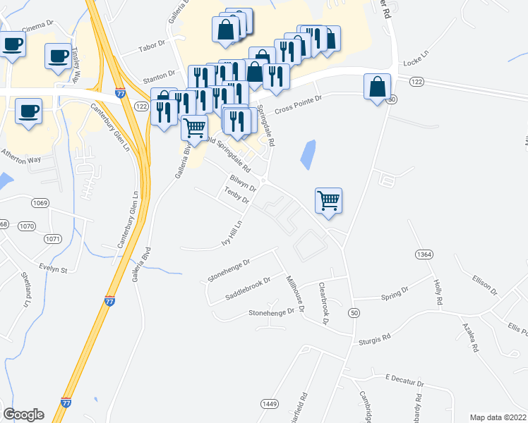 map of restaurants, bars, coffee shops, grocery stores, and more near 1188 Cushendall Terrace in Rock Hill