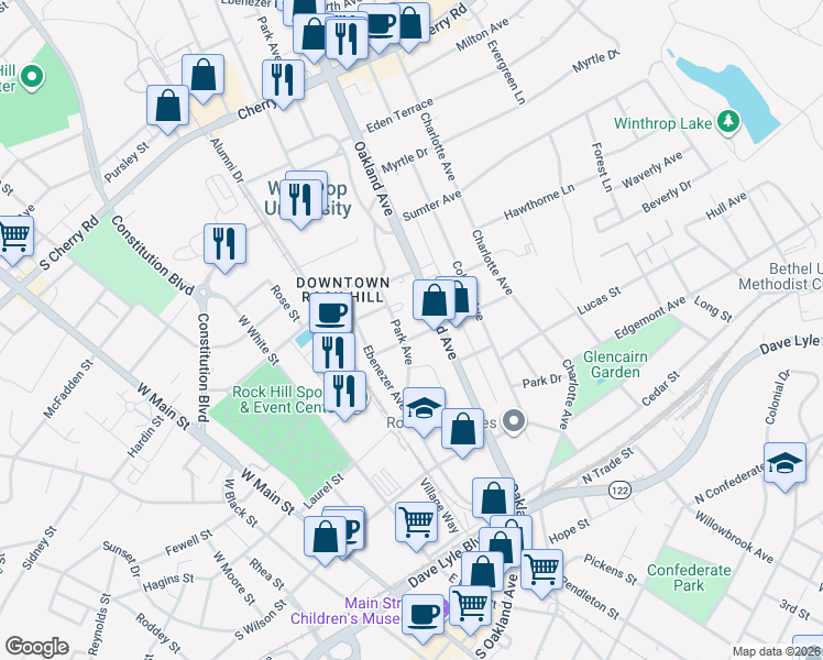 map of restaurants, bars, coffee shops, grocery stores, and more near 409 Park Avenue in Rock Hill