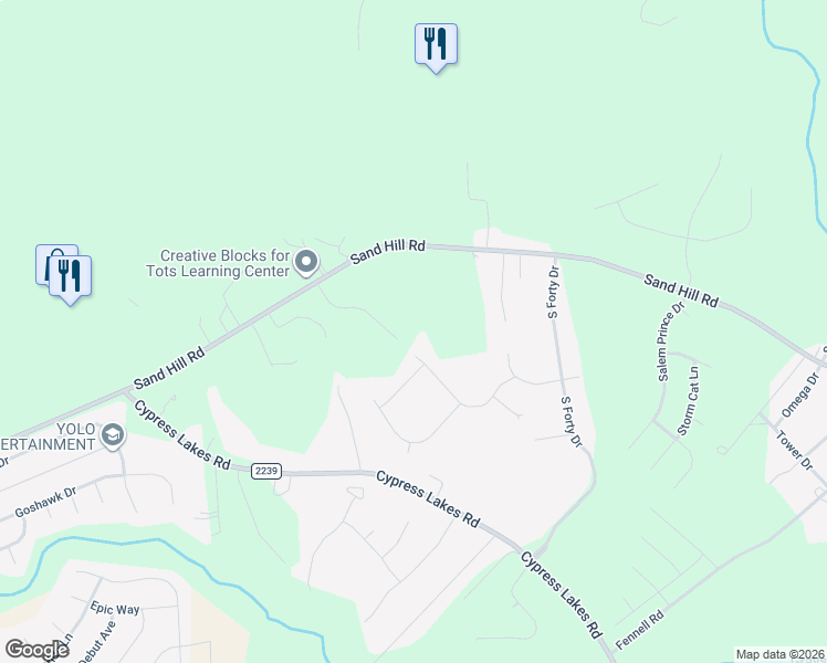 map of restaurants, bars, coffee shops, grocery stores, and more near 1401 Leander Lane in Hope Mills