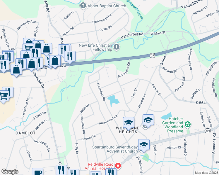 map of restaurants, bars, coffee shops, grocery stores, and more near 211 Anthony Road in Spartanburg
