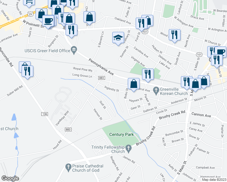 map of restaurants, bars, coffee shops, grocery stores, and more near 11 Inglesby Street in Greer