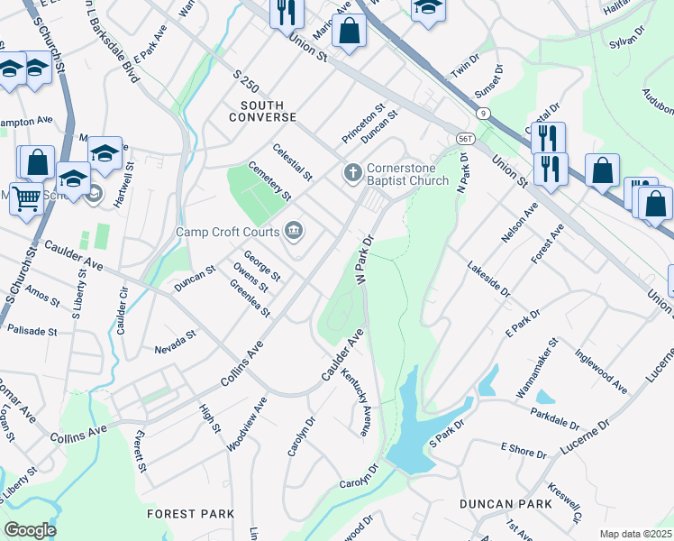 map of restaurants, bars, coffee shops, grocery stores, and more near 112 Hudson Street in Spartanburg