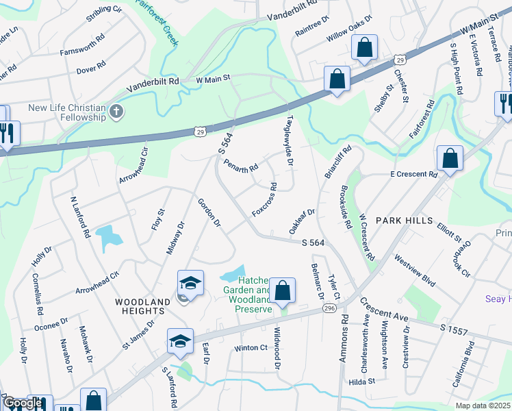 map of restaurants, bars, coffee shops, grocery stores, and more near 206 Foxcross Road in Spartanburg