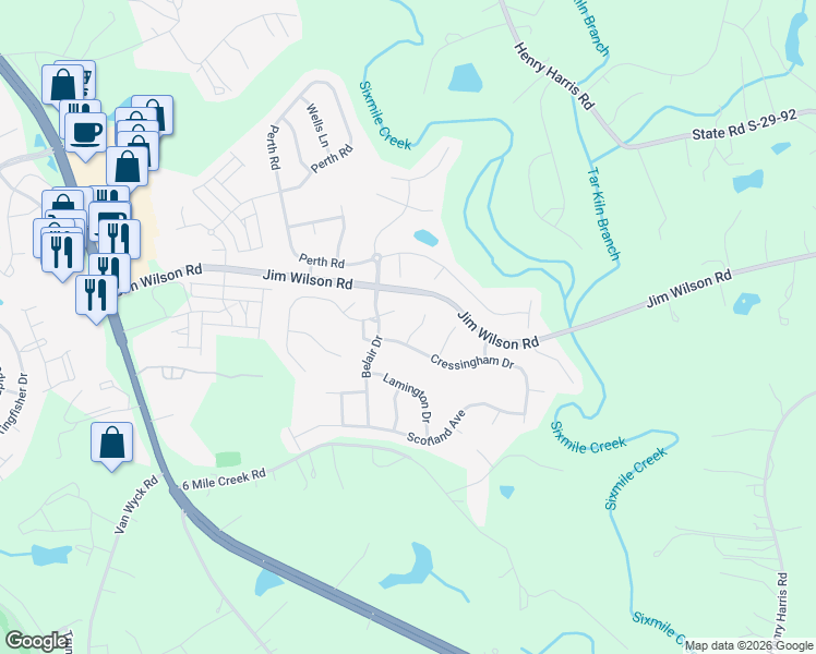map of restaurants, bars, coffee shops, grocery stores, and more near 6415 Stirling Lane in Indian Land