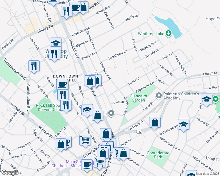 map of restaurants, bars, coffee shops, grocery stores, and more near 359 1/2 Charlotte Avenue in Rock Hill