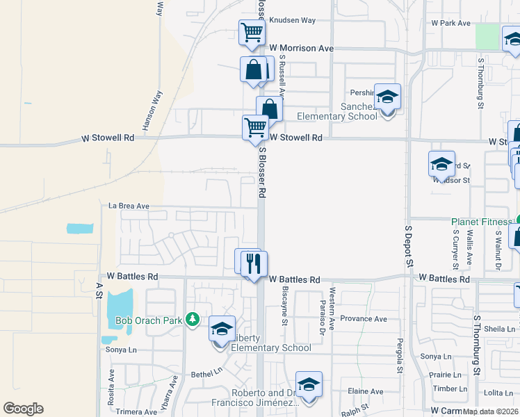 map of restaurants, bars, coffee shops, grocery stores, and more near 1505 South Blosser Road in Santa Maria